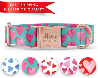 Valentines Dog Collars,  Watercolor Heart Dog Collar, Cute Girl Dog Collars, Personalized Dog Collar, Custom Dog Collar with Name,
