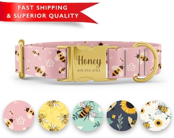 Bumble Bee Dog Collar Personalized, Custom Dog Collar with Name, Bee Print Dog Collar, Cute Girl Boy Dog Collars, Rose Gold Silver Buckle