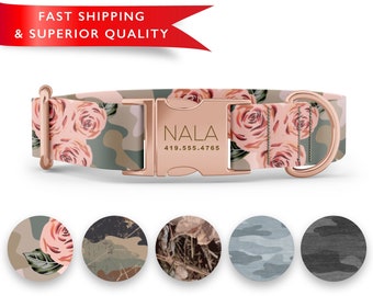 Pink Camo Dog Collar Personalized, Custom Dog Collar with Name, Camo Print Dog Collar, Cute Girl Boy Dog Collars, Rose Gold Silver Buckle