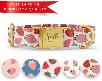 Strawberry Dog Collar Personalized, Custom Dog Collar with Name, Strawberry Print Dog Collar, Cute Girl Dog Collars, Rose Gold Silver Buckle