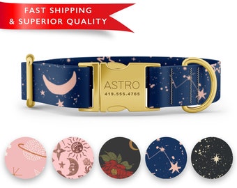 Starry Night Dog Collar Personalized, Custom Dog Collar with Name, Moon Print Dog Collar, Cute Girl Boy Dog Collars, Rose Gold Silver Buckle