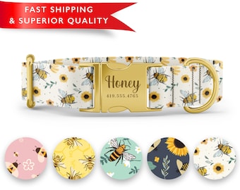 Bumble Bee Dog Collar Personalized, Custom Dog Collar with Name, Bee Print Dog Collar, Cute Girl Boy Dog Collars, Rose Gold Silver Buckle