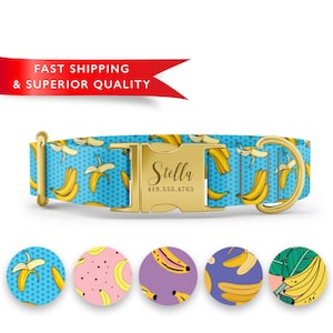 Banana Dog Collar Personalized, Custom Dog Collar with Name, Banana Print Dog Collar, Cute Girl Boy Dog Collars, Rose Gold Silver Buckle