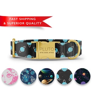 May include: A black dog collar with a gold buckle and a blue and white planet pattern. The buckle has the word "PLUTO" and the number "419.555.4765" on it.