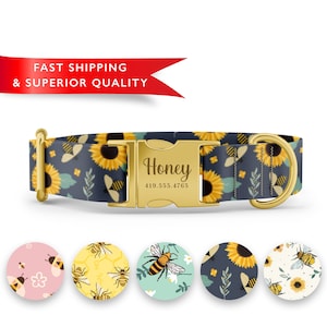 May include: A gold dog collar with a blue background and a sunflower and bee pattern. The collar has a gold buckle with the name "Honey" and a phone number engraved on it. The collar is shown with five different pattern options.
