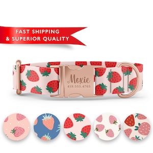 Strawberry Dog Collar Personalized, Custom Dog Collar with Name, Strawberry Print Dog Collar, Cute Girl Dog Collars, Rose Gold Silver Buckle