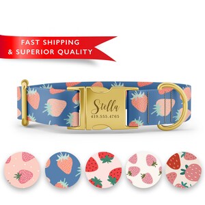 May include: A blue dog collar with a gold buckle and a strawberry pattern. The buckle is engraved with the name "Stella" and a phone number. The collar is shown with four different variations of the strawberry pattern.