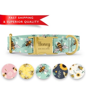 Bumble Bee Dog Collar Personalized, Custom Dog Collar with Name, Bee Print Dog Collar, Cute Girl Boy Dog Collars, Rose Gold Silver Buckle