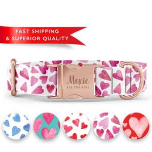 Valentines Dog Collars,  Watercolor Heart Dog Collar, Cute Girl Dog Collars, Personalized Dog Collar, Custom Dog Collar with Name,