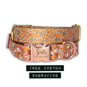 May include: A rose gold dog collar with a floral pattern and a personalized engraved name tag that reads "Stella" and a phone number. The collar is made of durable nylon and features a sturdy buckle closure. Free custom engraving is offered.