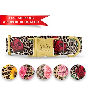 May include: A personalized dog collar with a gold-colored buckle. The collar features a leopard print background with red roses. The buckle is engraved with the name "Stella" and a phone number. Additional design options are shown below the collar.