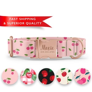 Cherry Dog Collar Personalized, Custom Dog Collar with Name, Cherry Print Dog Collar, Cute Girl Dog Collars, Rose Gold Silver Metal Buckle