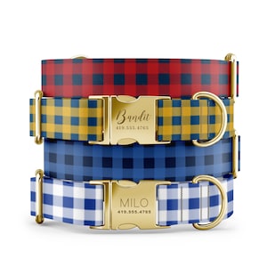 Gingham Plaid Dog Collar- Classic Checkered Pet Collar in Red, Blue, or Navy, Adjustable Personalized Collar with Matching Leash Available