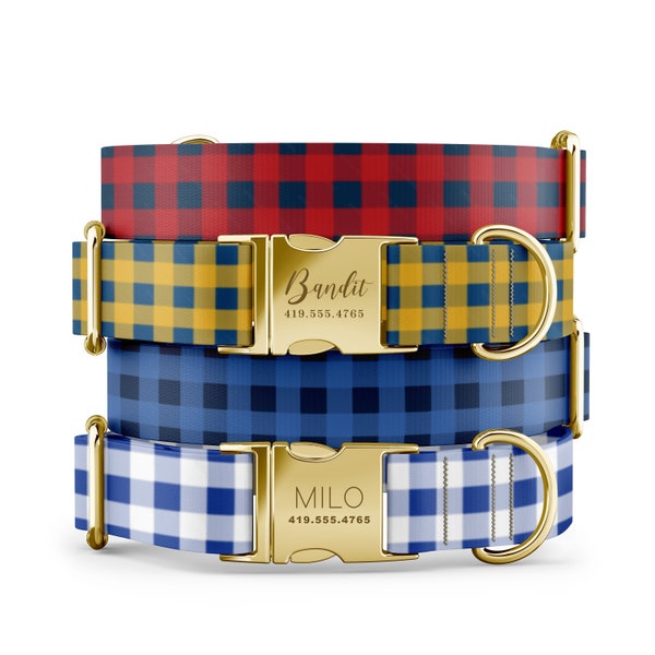 Plaid Dog Collars Personalized Dog Collars, Custom Dog Collar with Name, Engraved Metal Buckle Collars, Cute Dog Collars, Boy Dog Collars