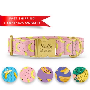 Collar de perro personalizado con plátano, collar personalizado con nombre, collar con estampado de plátano, collares para perros lindos para niñas y niños, hebilla de oro rosa y plata.