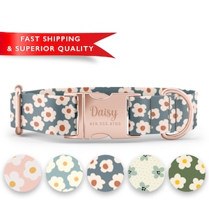 May include: A personalized dog collar with a rose gold buckle and a blue and white floral pattern. The collar is engraved with the name "Daisy" and a phone number. The image also shows five different floral patterns for the collar.