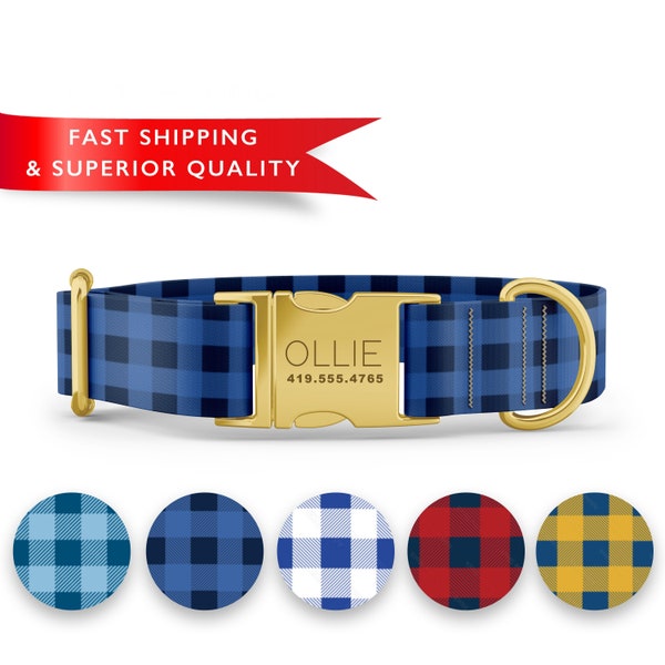 Plaid Dog Collars Personalized Dog Collars, Custom Dog Collar with Name Engraved Metal Buckle Collars, Buffalo Plaid Collars Boy Dog Collars