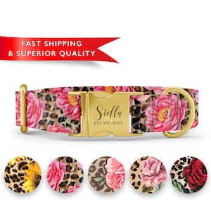 Leopard Flower Print Dog Collar, Personalized Custom Name image 1