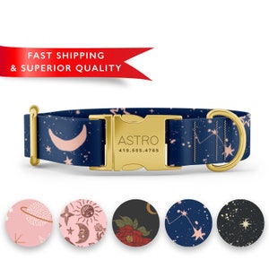 Starry Night Dog Collar Personalized, Custom Dog Collar with Name, Moon Print Dog Collar, Cute Girl Boy Dog Collars, Rose Gold Silver Buckle