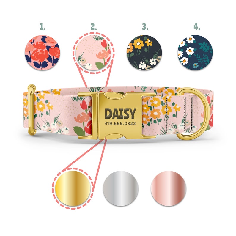 Collares florales para perritas, collar rosa con flores, grabados de nombres personalizados con hebillas doradas, oro rosa y plateadas, estilo Martingale disponible. imagen 3