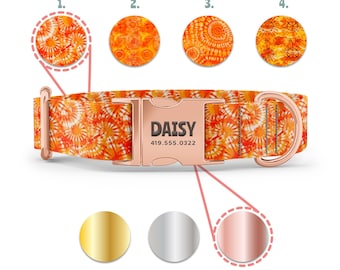 Custom Orange Tie Dye Dog Collar - Vibrant and Pet Accessory - Personalized Engraved Buckle - XS-XL Sizes, Gold/Rose Gold/Silver Hardware