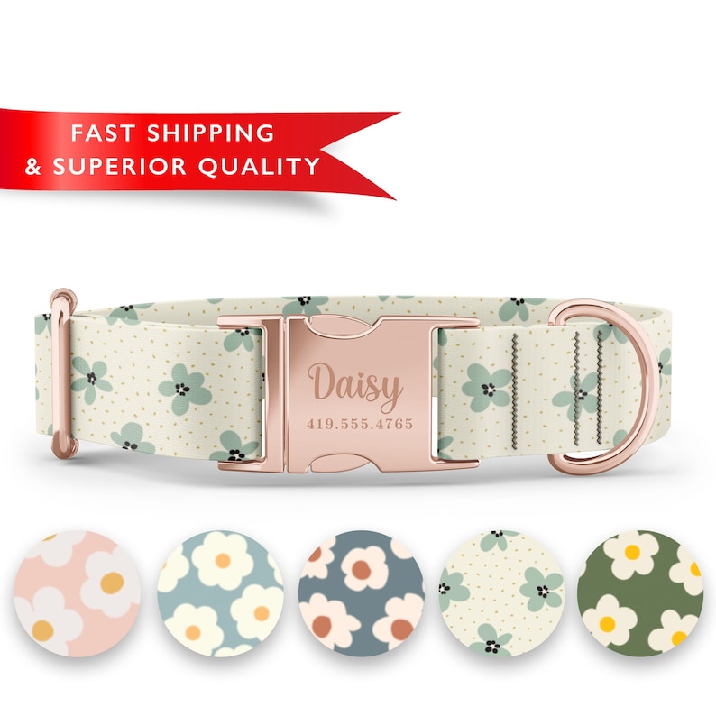 K&ouml;nnte beinhalten: Ein personalisiertes Hundehalsband mit einer ros&eacute;goldenen Schnalle und einem Blumenmuster. Das Halsband ist cremefarben mit gr&uuml;nen Blumen und goldenen Punkten. Die Schnalle ist mit dem Namen "Daisy" und einer Telefonnummer graviert. Das Bild zeigt auch f&uuml;nf verschiedene Blumenmuster f&uuml;r das Halsband.