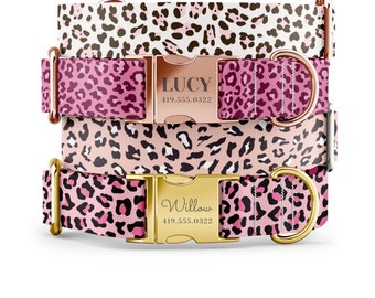 Pink Leopard Print Dog Collar, Custom Dog Collar with Name, Funky Dog Collars Girl, Cute Dog Collars  Girl, Patterned Dog Collars Cheetah