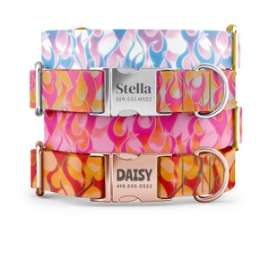 May include: Three dog collars with a flame pattern. The top collar is blue and white, the middle collar is pink and orange, and the bottom collar is orange and red. Each collar has a metal buckle with a name and phone number engraved on it. The top buckle says "Stella 419.555.0322", the middle buckle says "Stella 419.555.0322", and the bottom buckle says "Daisy 419.555.0322".