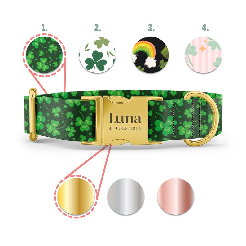K&ouml;nnte beinhalten: Ein gr&uuml;nes Hundehalsband mit einer goldenen Schnalle und einem Kleeblatt-Muster. Die Schnalle tr&auml;gt den Namen "Luna" und eine eingravierte Telefonnummer. Das Halsband ist mit goldenen, silbernen oder ros&eacute;goldenen Beschl&auml;gen erh&auml;ltlich.