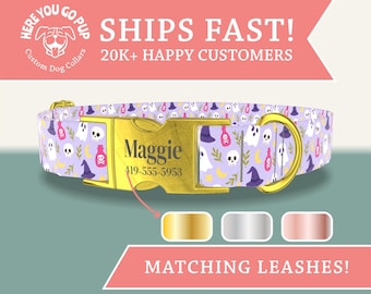 Purple Halloween Dog Collar: Ghosts & Witch Hats, Custom Personalized Pet Collar