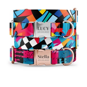 May include: Two dog collars with personalized name tags. The top collar is silver with a black, white, red, and blue geometric pattern. The bottom collar is rose gold with a black, white, pink, and blue geometric pattern. The top tag reads "LUCY 419.555.0322" and the bottom tag reads "STELLA 419.555.0322".