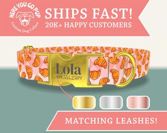 Croissant Dog Collar, Pink Bakery Pattern Collar, Cute Personalized Food Pet Collar, Adjustable Puppy Collar