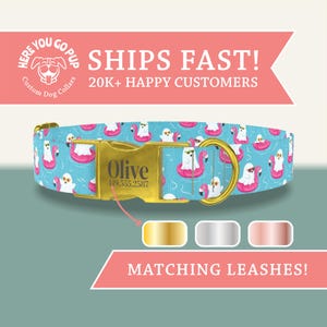 May include: A light blue dog collar featuring a repeating pattern of white ghosts wearing sunglasses in pink flamingo pool floats. The collar has a gold-toned metal buckle engraved with the name Olive and a phone number, plus a gold D-ring.