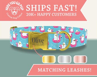 Halloween Dog Collar, Ghost Dog Collar, Flamingo Float Dog Collar, Personalized Summer Dog Collar