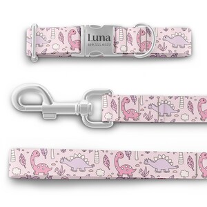 May include: Pink dog collar and leash with a dinosaur pattern. The collar has a silver buckle with the name "Luna" and a phone number engraved on it.