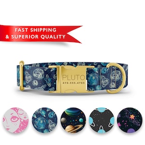 May include: A blue dog collar with a gold buckle and a space-themed pattern. The buckle has the word "PLUTO" and the number "419.555.4765" printed on it. The collar is shown with five different space-themed patterns.