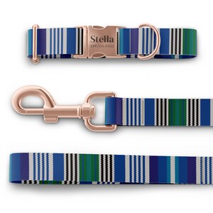 May include: A dog collar, leash, and matching leash set. The collar features a rose gold buckle engraved with "Stella" and a phone number. The set has a blue, white, and green striped pattern.