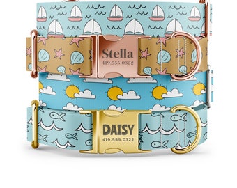 Pastel Beach Dog Collar: Engraved Gold Buckle, Summertime Pup Collar
