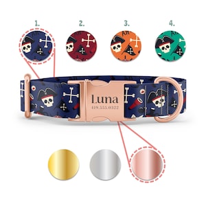 May include: A blue dog collar with a skull and crossbones pattern. The collar has a rose gold buckle with the name "Luna" and phone number "419.555.0322" engraved on it. The collar is shown with four different color options for the pattern and three different color options for the buckle.