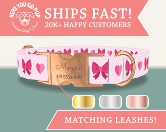 Pink Bow Dog Collar - Cute Girly Heart and Bows Pet Collar with Custom Personalized Engraved Buckles, Matching Leashes Available