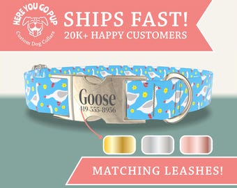 Goose Dog Collar - Blue Floral Cottagecore, Personalized Engraved Buckles