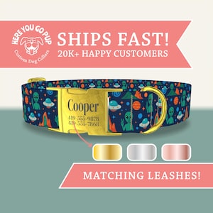 Alien Dog Collar - Space UFO Dog Collar with Custom Personalized Buckles, Outer Space Dog Collar, Matching Harness Available