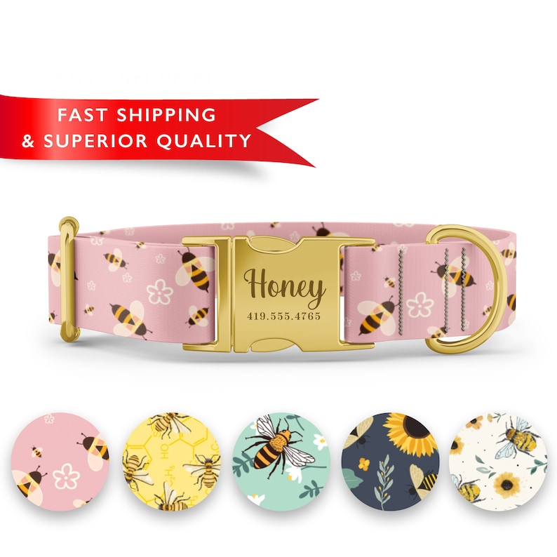 Bumble Bee Dog Collar Personalized, Custom Dog Collar with Name, Bee Print Dog Collar, Cute Girl Boy Dog Collars, Rose Gold Silver Buckle image 6