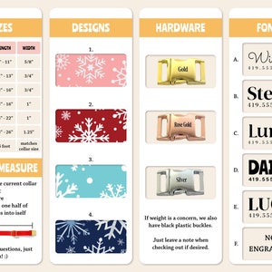 Peut inclure: Un tableau pr&eacute;sentant des informations sur les tailles de colliers pour chiens, les motifs, la quincaillerie et les polices de caract&egrave;res. Le tableau comprend un tableau des tailles avec des mesures en pouces, une s&eacute;lection de motifs de flocons de neige, des options de quincaillerie comprenant des boucles dor&eacute;es, or rose et argent&eacute;es, et une liste de polices de caract&egrave;res avec des noms tels que Willow, Stella, Luna, Daisy et Lucy.