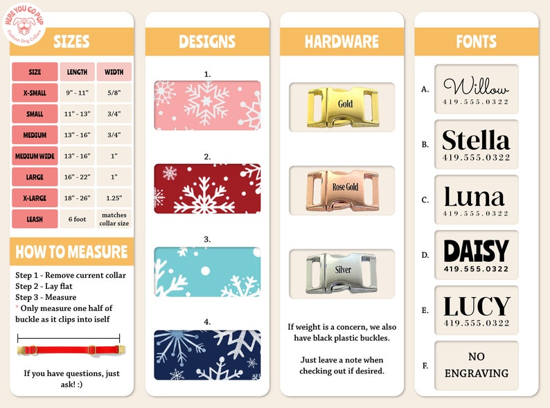 Peut inclure: Un tableau pr&eacute;sentant des informations sur les tailles de colliers pour chiens, les motifs, la quincaillerie et les polices de caract&egrave;res. Le tableau comprend un tableau des tailles avec des mesures en pouces, une s&eacute;lection de motifs de flocons de neige, des options de quincaillerie comprenant des boucles dor&eacute;es, or rose et argent&eacute;es, et une liste de polices de caract&egrave;res avec des noms tels que Willow, Stella, Luna, Daisy et Lucy.