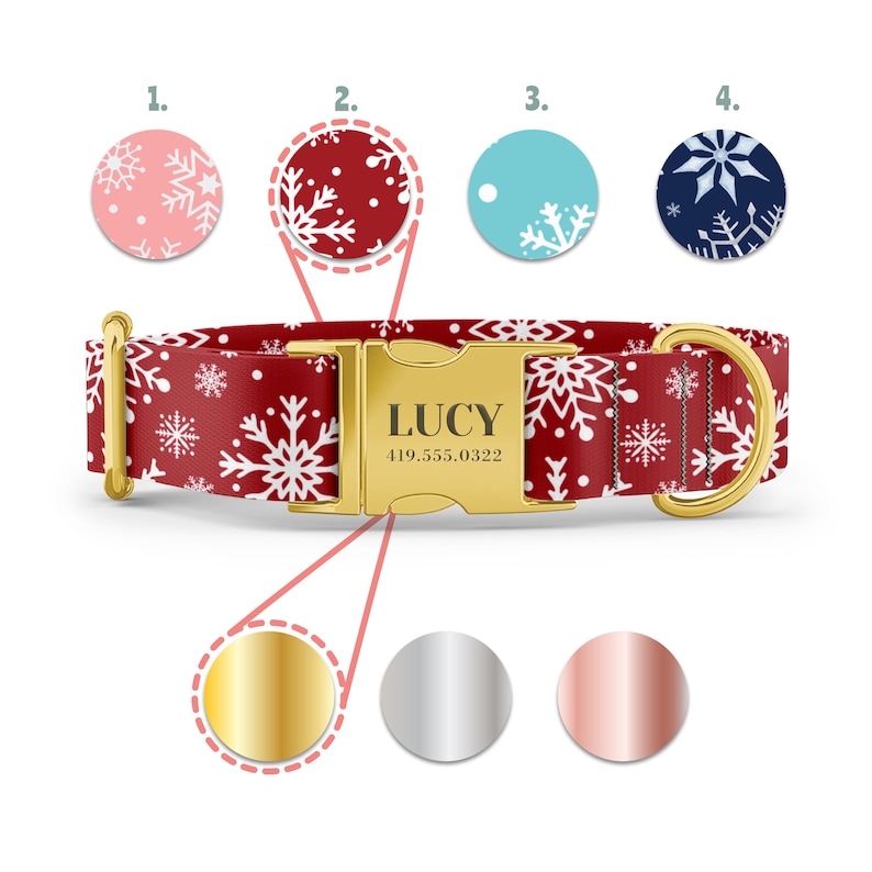 Peut inclure: Collier de chien rouge avec un motif de flocons de neige blancs et une boucle dor&eacute;e. La boucle est grav&eacute;e du nom "LUCY" et du num&eacute;ro de t&eacute;l&eacute;phone "419.555.0322".