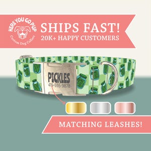 May include: A custom dog collar with a green and white checkered pattern featuring pickle jars. The collar has a silver buckle with the name "PICKLES" and a phone number. The image also shows options for gold, silver, and rose gold hardware.