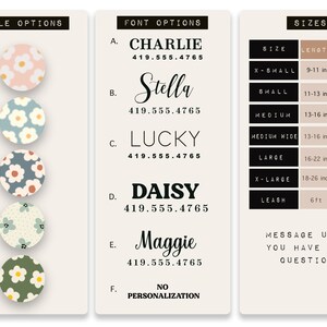 K&ouml;nnte beinhalten: Eine Tabelle mit f&uuml;nf verschiedenen Designs f&uuml;r Hundehalsb&auml;nder, jedes mit einem anderen Blumenmuster. Die Tabelle enth&auml;lt auch eine Liste von Schriftarten f&uuml;r die Personalisierung, mit f&uuml;nf verschiedenen Schriftarten und der entsprechenden Telefonnummer. Die Tabelle enth&auml;lt au&szlig;erdem eine Tabelle mit den Gr&ouml;&szlig;en der Halsb&auml;nder, wobei die Gr&ouml;&szlig;e, L&auml;nge und Breite jeder Gr&ouml;&szlig;e aufgef&uuml;hrt sind.