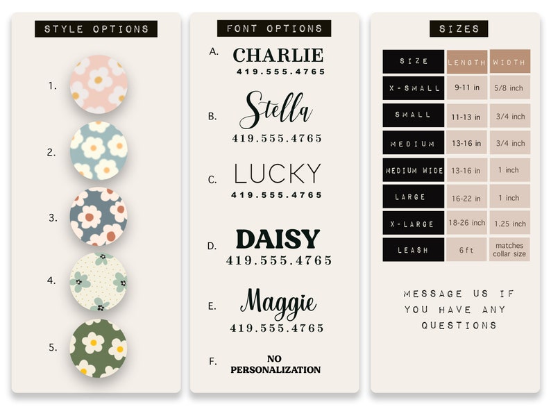 K&ouml;nnte beinhalten: Eine Tabelle mit f&uuml;nf verschiedenen Designs f&uuml;r Hundehalsb&auml;nder, jedes mit einem anderen Blumenmuster. Die Tabelle enth&auml;lt auch eine Liste von Schriftarten f&uuml;r die Personalisierung, mit f&uuml;nf verschiedenen Schriftarten und der entsprechenden Telefonnummer. Die Tabelle enth&auml;lt au&szlig;erdem eine Tabelle mit den Gr&ouml;&szlig;en der Halsb&auml;nder, wobei die Gr&ouml;&szlig;e, L&auml;nge und Breite jeder Gr&ouml;&szlig;e aufgef&uuml;hrt sind.