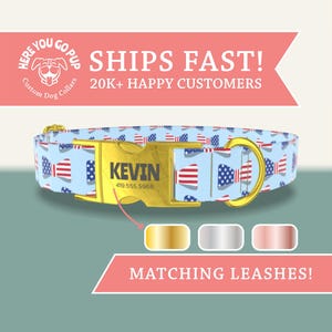 American Flag Dog Collar - Personalized 4th of July Bowtie Collar, Red White and Blue Pet Collar with Engraved Buckle